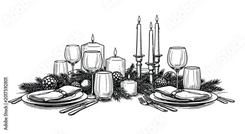 Cuadro en lienzo Elegant black and white sketch of a festive table setting with candles