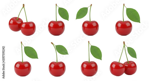 close-up of ripe cherries in different angles isolated on a clean white background for healthy eating content or food preparation