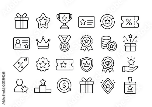 Loyalty Reward Line Series. Line icon set of loyalty rewards: gift box, star badge, trophy, loyalty card, redeem points, coupon, voucher, membership card, crown, medal, ribbon, coin, prize, discount