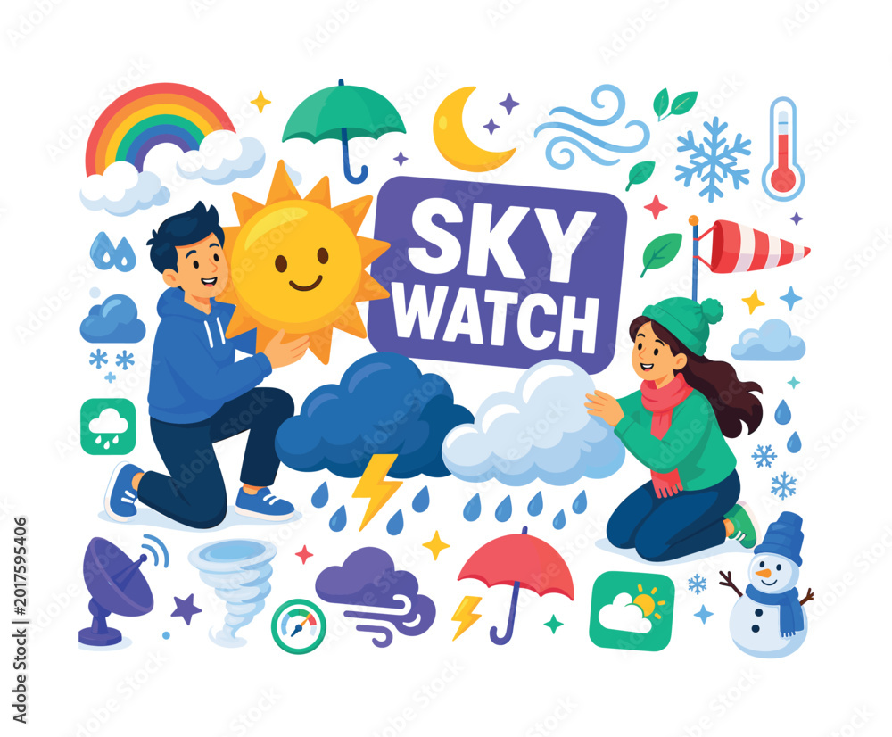 Naklejka premium Bright Weather Forecast Lively banner scene with two expressive stylized human characters interacting with an oversized sun, cloud and rain storm symbol, with small moon, snowflake, wind swirl and
