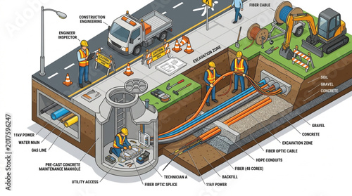 Construction workers installing underground utilities and infrastructure systems.