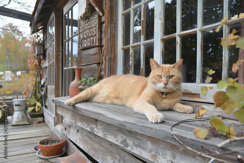 Ginger cat lounging on a wooden porch ledge outside a rustic shop, autumn foliage in background