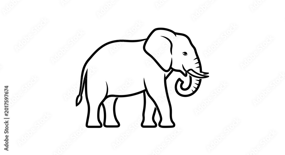 Fototapeta premium Simple black and white outline drawing of a majestic elephant standing sideways with tusks and trunk.