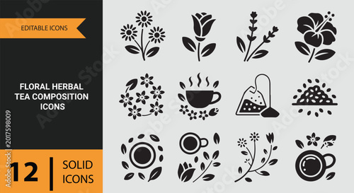Foto Floral Herbal Tea Composition Solid Icons for Natural Wellness Branding