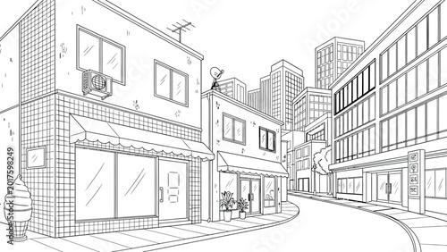 Photography Street view city architecture coloring page featuring commercial shops with awnings and sidewalk and tall skyscrapers under clear sky for urban art hobby