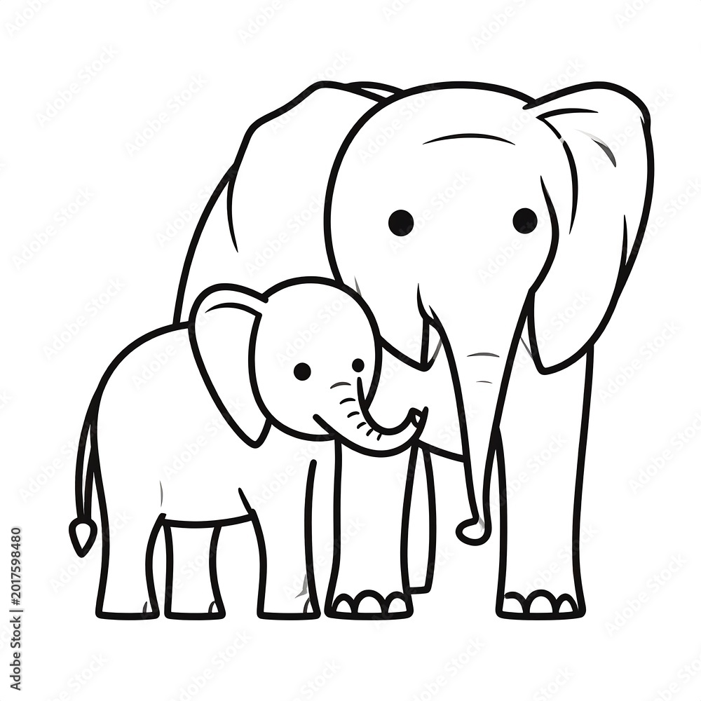 Fototapeta premium Line art illustration of a mother and baby pachyderm standing close together, both facing forward