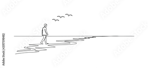 Minimalist line art of a person walking along a wavy shoreline with birds flying overhead