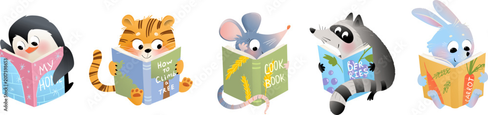 Obraz premium Baby Animals Reading Kid Books Collection. Vector clipart for children education.