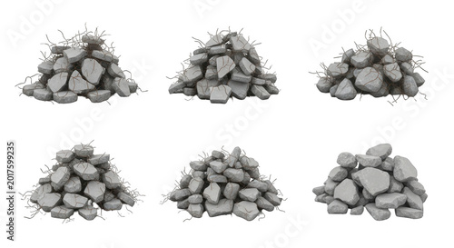 six isolated heaps of grey concrete rubble with reinforcing rebar on a white background construction debris and waste