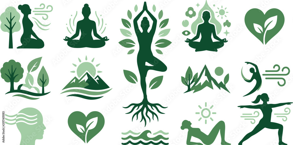 Fototapeta premium Holistic wellness and yoga icon set with nature elements mindfulness symbols and green silhouettes