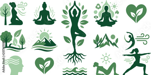 Holistic wellness and yoga icon set with nature elements mindfulness symbols and green silhouettes