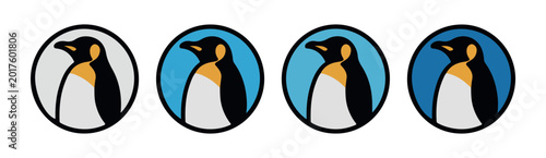 Bild auf Leinwand King penguin head and body in various colorful round frames showing different angles and moods icon set