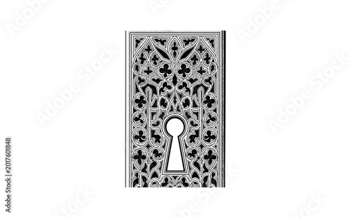 Intricate medieval keyhole design with gothic ornamental patterns and floral motifs
