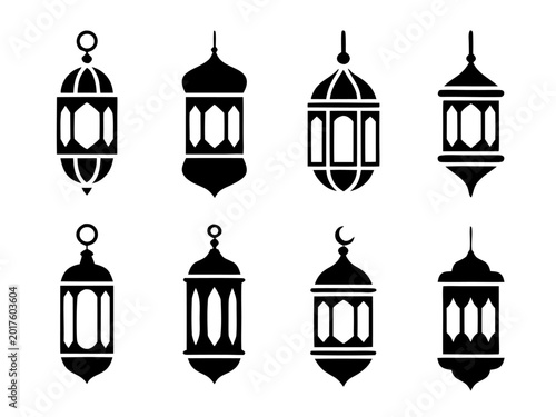 Set of eight black ramadan lantern silhouettes with transparent background