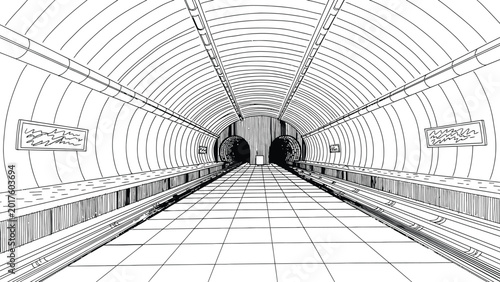 Tableau sur toile Subway station interior view with tunnel entrances and tiled platform in perspective drawing representing modern underground transportation infrastructure style