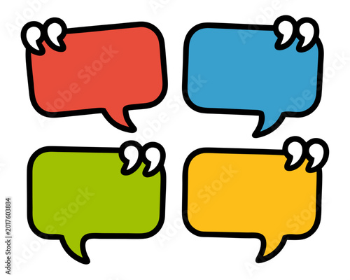 Four colorful speech bubbles with quotation marks on white background