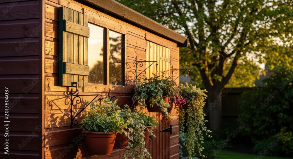 Obraz premium Warmly lit wooden garden shed adorned with hanging plants at golden hour, showcasing natural beauty and outdoor tranquility.