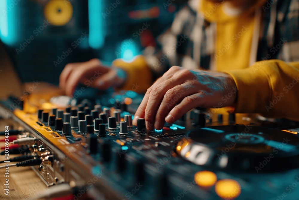 Fototapeta premium Beginner DJ practicing rhythm mixing on controller in modern studio