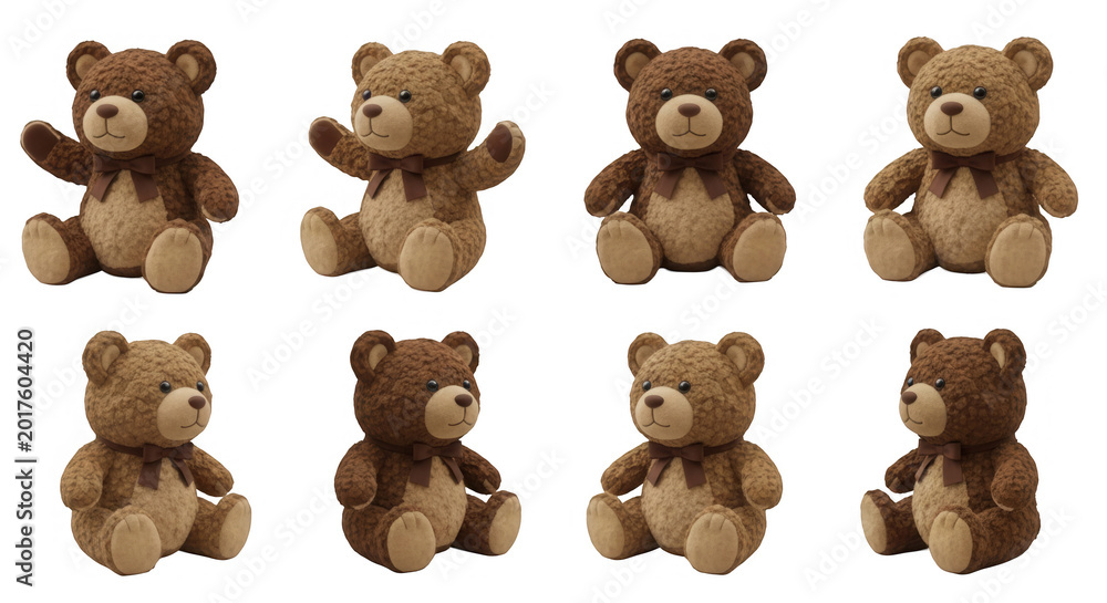 Fototapeta premium eight teddy bears in various poses shot on a white background childrens projects advertising or product mockups