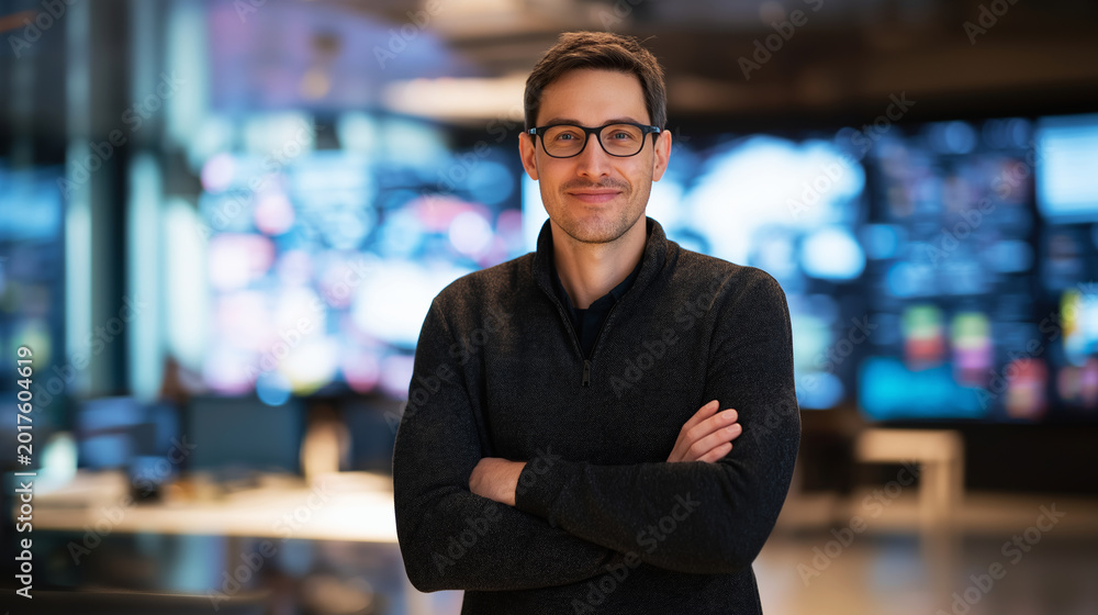 Fototapeta premium Professional man smiling with crossed arms in a contemporary workplace. Data screens illuminate the background, representing global connectivity