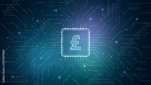 Bild auf Leinwand Pound sterling symbol on glowing digital chip with circuit board background, representing fintech, online payment, and British digital finance technology