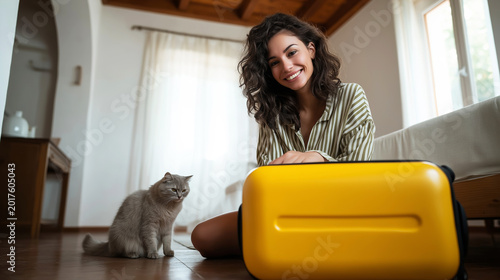 Happy woman on the floor, packing a yellow luggage bag at home, with a gray cat curiously watching, anticipating departure