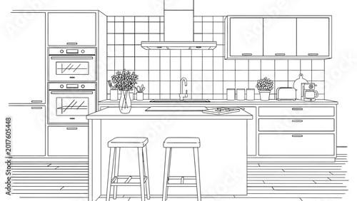 Photos Modern kitchen interior line art coloring page with island counter bar stools appliances and cabinetry in clean contemporary home design illustration style