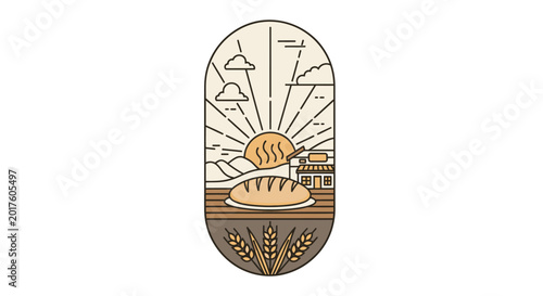 Artistic depiction of bread making process from wheat to baked loaf.