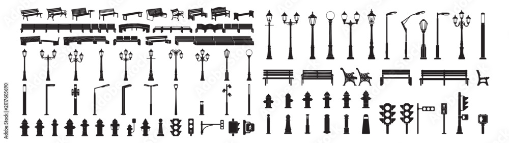 Fototapeta premium Park Bench and Street Fixture Icon Set With Benches Hydrants Lamps and Traffic Lights