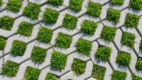 Permeable Grass Pavers Background with Green Eco Pavement Texture, Concrete and green grass natural architectural background