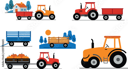 Bild auf Leinwand Colorful farm tractors and trailers with hay, pumpkins, farmhouse, and countrysi