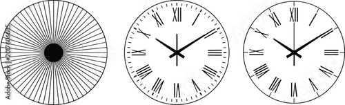 Obraz na płótnie Radial sunburst and Roman numeral clock faces, black circular design illustratio