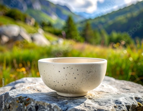 Speckled bowl rests on rock with mountain backdrop