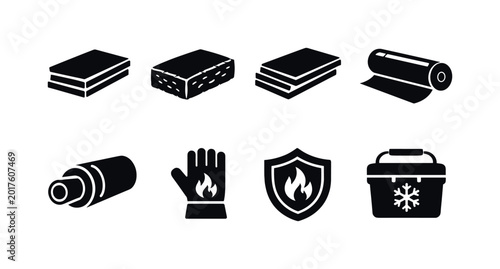 Collection of icons representing thermal insulation materials and protection