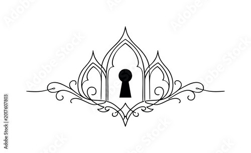 Elegant ornamental keyhole design with gothic architectural elements and swirling flourishes