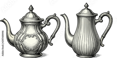 Photos Antique Engraved Teapot Illustration Collection with Vintage Hand Drawn Coffee P