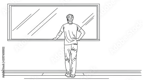 Billede på lærred Line art illustration of man standing with back to viewer looking through large horizontal window into empty space for architectural or interior design