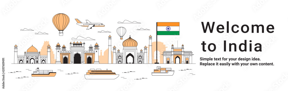 Naklejka premium India travel destination landmarks skyline with famous monuments hot air balloons airplane ships Indian flag modern cityscape tourism concept banner