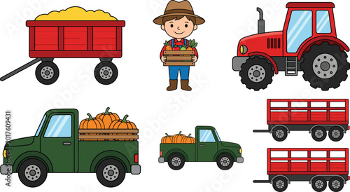 Bild auf Leinwand Cartoon farm tractor, pickup trucks with pumpkins, red wagon of hay, and farmer