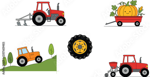 Foto Cartoon farm tractors with plow, wagon of harvest produce, seed spreader, and la