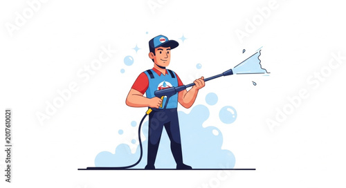 Fotografija Man Using Pressure Washer for Cleaning Services.