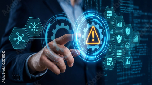 Businessman Interaction with Technology Warning Alert and Data Analysis