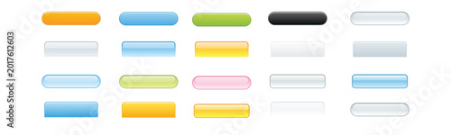 A glossy set of round and rectangle web navigation buttons featuring a shiny glass vector design with green orange and yellow aqua icons for a modern internet website illustration