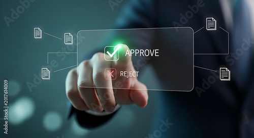 Businessman approves document with virtual interface