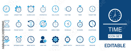 Time and clock icon set for productivity management. Includes analog watch, digital timer, deadline schedule, smart watch, efficiency, timeline, bomb, story, save, tracking.