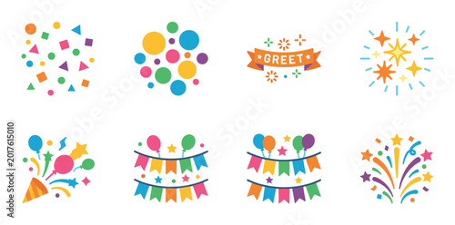 Set of colorful party celebration icons including confetti, fireworks, a party popper, bunting garlands, and a greeting banner in a flat design vector illustration style for festive events