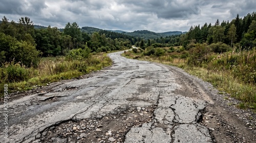 Cracked rural road with mountain landscape.