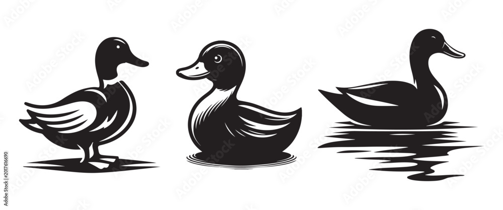 Fototapeta premium Rubber Duck Icon Set – Cute Bath Toy Symbols in Outline and Solid Black Vector Style for Kids and Bathroom Decor