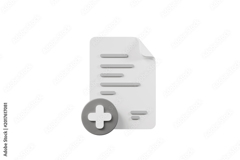 Fototapeta premium 3d create document icon. new file add concept. minimal cartoon white paper report with gray text lines and plus symbol. isolated on white transparent background. 3d render.