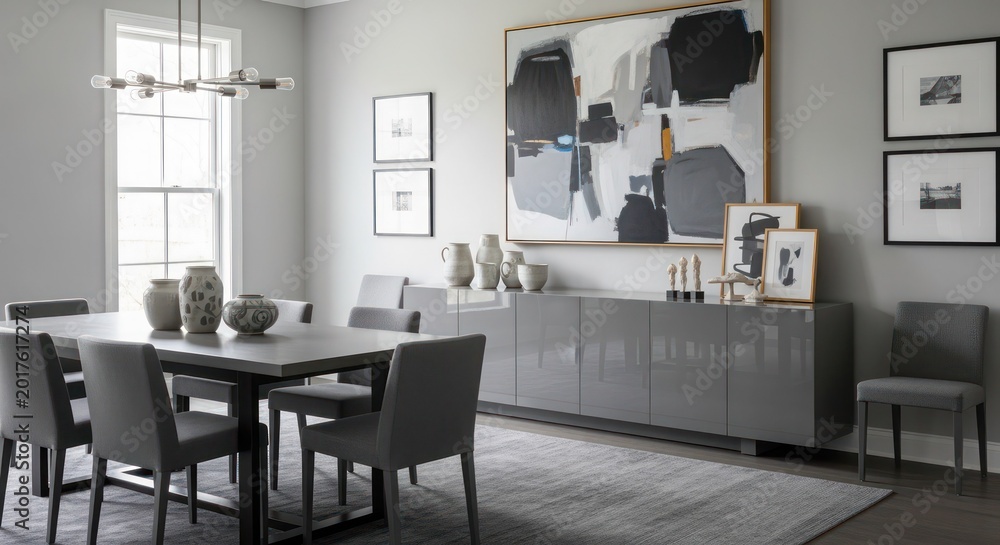 Fototapeta premium Dining area features a sleek gray table paired with matching chairs and a gallery wall composed of framed black and white prints in a bright home setting.